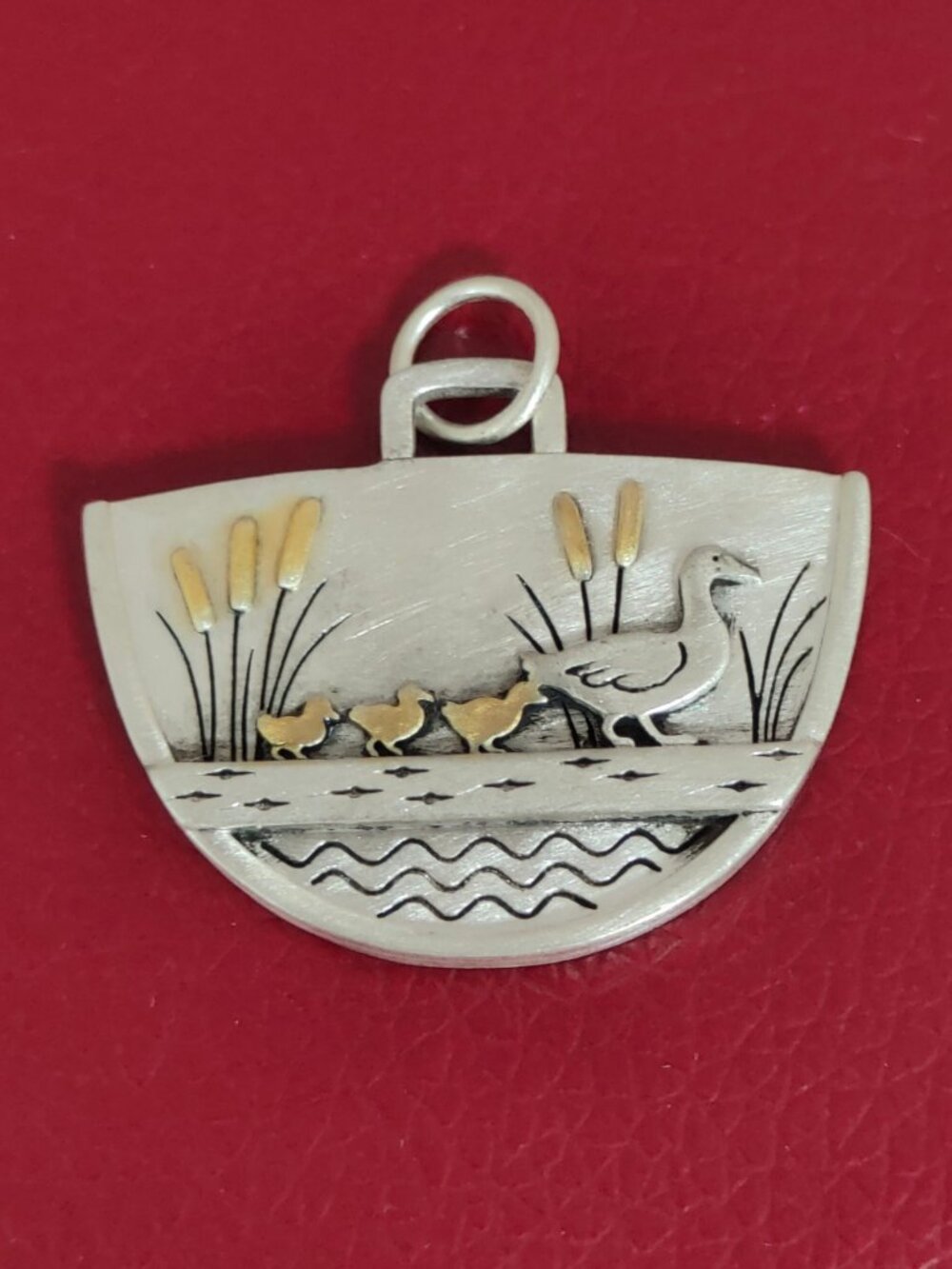 S925 Sterling Silver Duck & Ducklings Pond Scene Pendant Handmade Nature Charm